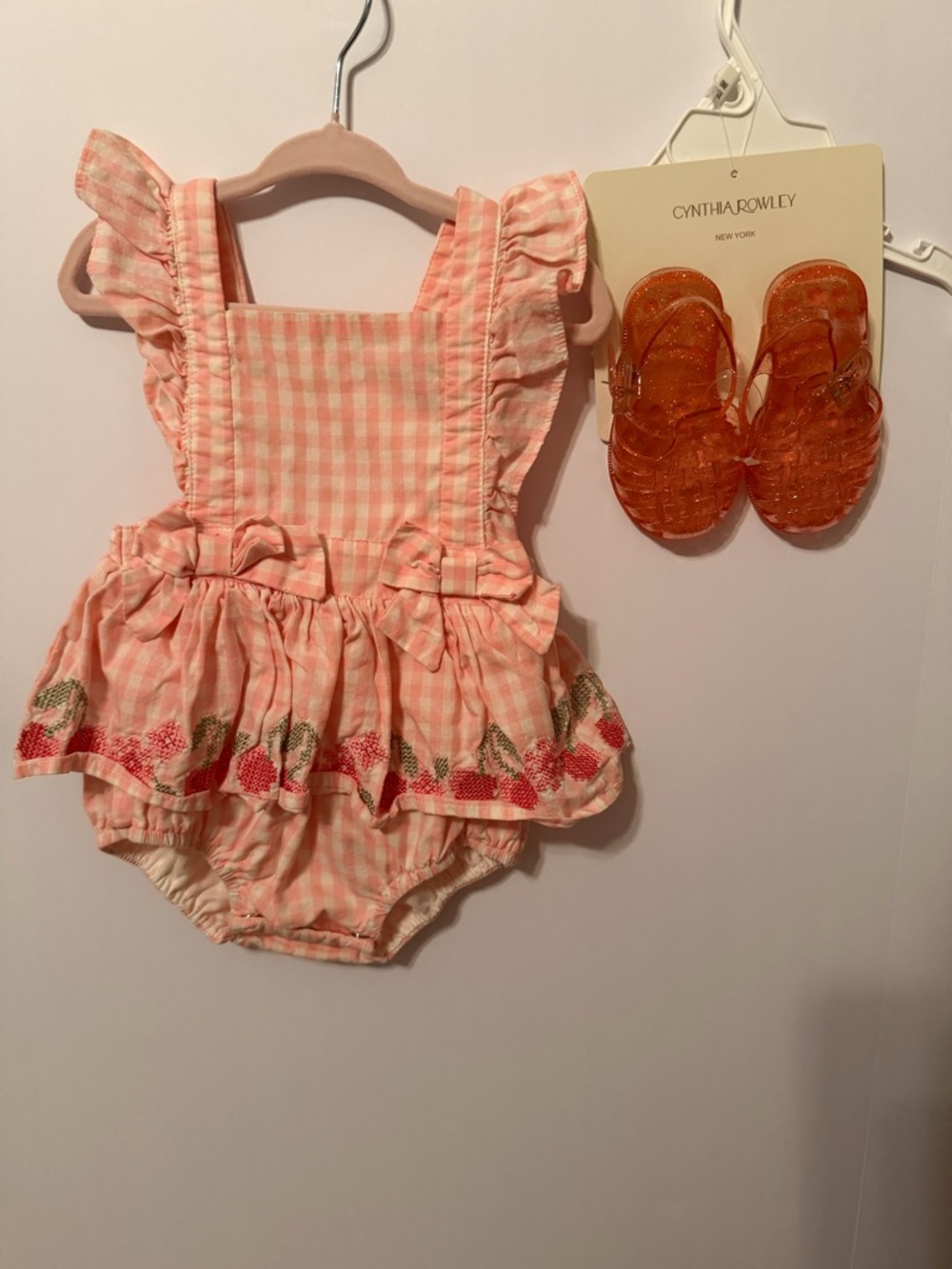 Cynthia Rowley Peach Gingham Baby Romper with Cherry Trim 6-9M